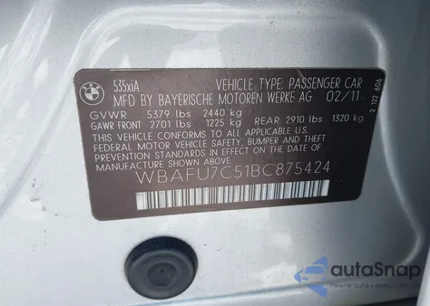 2011 BMW 535I xDrive z USA, uszkodzony, nr VIN WBAFU7C51BC875424